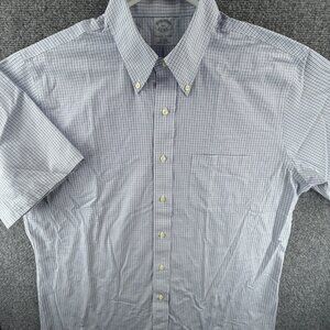 Brooks Brothers Short Sleeve Button-Down Non-Iron 16.5 Check Slim Cotton Blue